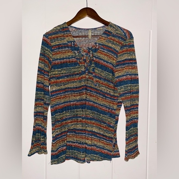 Chenault Striped Southwestern Top Tribal Aztec‎ Pullover Tie Front Women XL - Picture 8 of 8